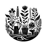 An elegant, monochromatic, floral garden emblem, with a watering can, potted plants, and gardening tools forming a circular . vector