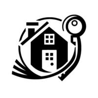 Stylized Black and White Real Estate House Encircled by a Key, Chimney, and Arcs on a White Background. vector