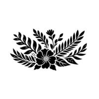 Elegant Black and White Floral Arrangement A symmetrically balanced composition of leaves, flowers, and decorative elements on a white background. vector