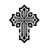 Intricate Black and White Geometric Cross with Floral and Striped Elements on a Clean White Background. vector
