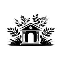 Elegant black and white botanical a classic building with archway pillars, surrounded by lush leaves, creating a harmony of architecture and nature, featuring a central floral emblem. vector