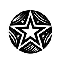 A bold, symmetrical black and white starburst emblem with radiating lines, enclosed in a circle, featuring smaller stars. vector