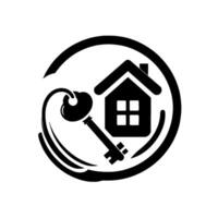Symbolic Real Estate Key, House, and Abstract Swirl Within a Circular Frame, Black and White . vector