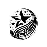 A stylized black and white featuring a central star with smaller surrounding stars and a dynamic swirling element on a white background. vector