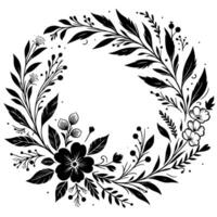 Elegant Black and White Floral Wreath Featuring Various Leaves, Berries and Flower Elements on a Blank Background. vector