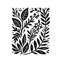 Black and White Botanical Pattern with Leaves, Flowers, and Vines in a Rectangular Arrangement, Minimalist Floral Art. vector