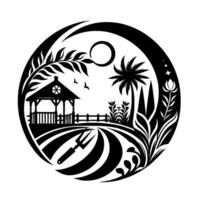 A circular, stylized black and white illustration of a serene garden scene featuring a gazebo, palm tree, and farm tools. vector