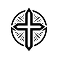 Geometric, stark, black and white illustration of a Christian cross emblem within a circle, radiating light. vector