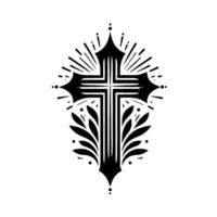 Ornate Black and White Religious Emblem Depicting a Radiant Cross with Botanical Elements on White Background. vector