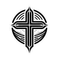 Minimalist Black and White Cross within Circular Frame, Geometric and Symbolic, Religious Iconography vector