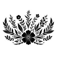 Elegant Black White Floral Crest Intricate with Flowers, Leaves, and Botanical Symmetry on a Clean White Background. vector
