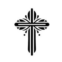 Ornate Black Cross with Leaf Motifs and Decorative Dots, Isolated on White Background. vector