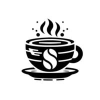 Minimalist Black and White Coffee with Steaming Cup, Coffee Bean Symbol and Saucer on White Background. vector