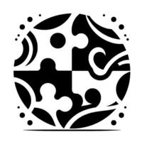 Abstract black and white circular featuring puzzlepiece shapes, swirling lines, dots, and an overall symmetrical composition. vector