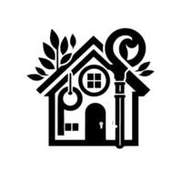 A stylized, monochromatic real estate featuring a house silhouette, a large ornamental key, a small key, and foliage. vector
