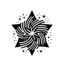 Geometric Black and White Starburst Mandala with Radial Stripe Pattern and Scattered Sparkle Accents. vector