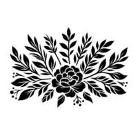 Elegant black and white floral emblem, central flower surrounded by leaves and berries, creating a symmetrical, decorative . vector