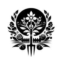 Ornamental Black and White Garden Featuring a Floral Tool, Surrounded by Lush Foliage and Fence elements. vector