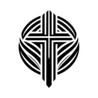 Abstract Geometric Black and White Cross Enclosed in Curved Lines, Minimalist Religious Symbol on White Background. vector