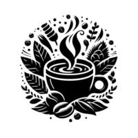Black white stylized illustration of coffee cup with steam, coffee beans, and leaves in a circular arrangement, on a white background. vector