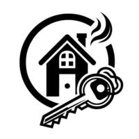 Monochrome Symbolic Home Featuring House, Key, Smoke, and Ring, Representing Real Estate, Security, and Property Access. vector