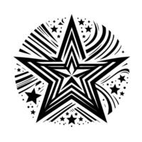Black and White Geometric Starburst , Featuring a Large Star with Intricate Line Patterns, Surrounded by Stars and Decorative Elements. vector