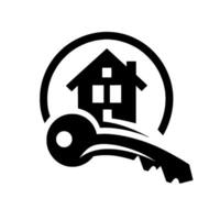 Monochromatic house and key within a circle symbolizing home ownership and real estate. vector