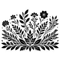 Symmetrical Floral and Foliage Composition in Black and White with Varied Blooms and Leaf Patterns. vector