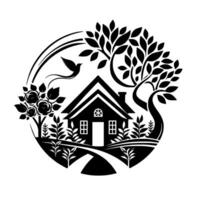 Black and white silhouette of a house, nestled in a circle with trees, flowers, a bird, and a path, evoking natures tranquility. vector