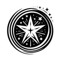 Abstract Black and White Starburst Featuring a Central Star, Circular Frame, and Surrounding Star Embellishments vector