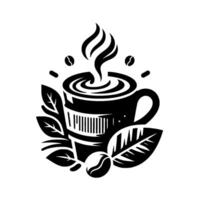 Stylized Black and White Illustration of a Steaming Coffee Cup with Leaves and Coffee Beans, Perfect for Branding. vector