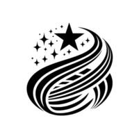 Black and white star with stylized flowing lines, forming an abstract, dynamic element, a symbol of ambition. vector