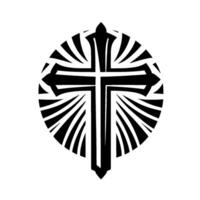 Black, stylized Christian cross with ornate detailing encircled by radiating lines, set against a clean white backdrop. vector