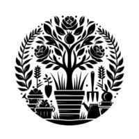 Botanical Emblem A monochrome garden scene within a circular frame, showcasing a potted tree, roses, and gardening tools. vector
