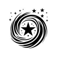 Stylized Black and White Vortex with Central Star and Surrounding Celestial Elements on White Background, . vector