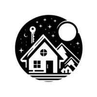 Nighttime Real Estate A cozy house with a key, mountains, moon, stars, and a crescent moon, all contained within a circular frame. vector