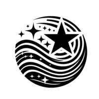 Monochromatic abstract featuring a large black star encircled by swirling lines, stars, and sparkle effects, all set against a white background. vector