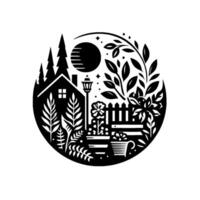 Intricate black and white illustration of a quaint garden scene within a circle, featuring house, plants, and nighttime sky. vector