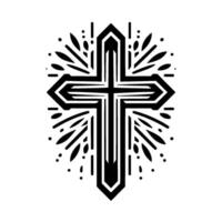 Geometric Black Cross with Radial Burst on a White Background, Symbolic and Modern Aesthetics. vector