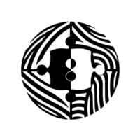Black and white abstract artwork of a circle containing two puzzle pieces with striped background, symbolizing unity and contrast. vector