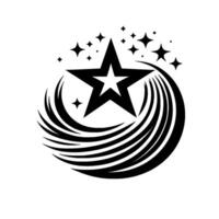 Black and White Starburst Featuring a Large Star Surrounded by Smaller Stars and Curved Swoosh Elements. vector