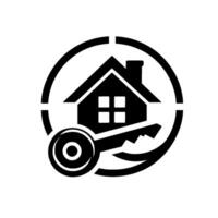 Simplified Black and White Real Estate with House, Key, and Circular Frame, Suggesting Property Ownership and Security. vector