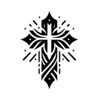 Intricately designed black and white Christian cross illustration with ornate geometric patterns, set against a clean white background. vector