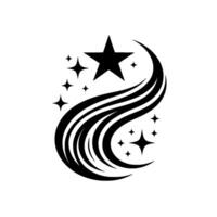 A celestial, black and white artistic featuring a large star with curved trails and smaller stars, set against a clean white backdrop. vector