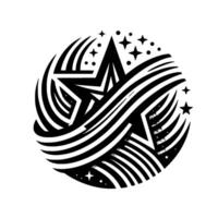 A stylized, black and white circular featuring a prominent fivepointed star intertwined with radiating, curved lines and smaller stars. vector