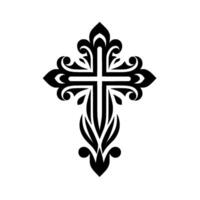 Ornate Black Cross with Flowing Floral and Swirl Embellishments, Centered on White Background. vector