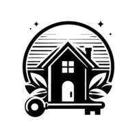 Monochromatic emblem featuring a house silhouette with key and leaves, enclosed in a circle, with stars indicating a welcoming and homely feel. vector