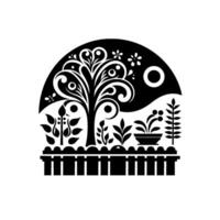 Black and white garden scene enclosed by a picket fence, featuring stylized tree, plants, flower pot, moon, and sun within a halfcircle frame, evoking a vintage print aesthetic. vector