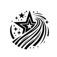 A bold black and white featuring a central star, surrounded by smaller stars and a dynamic, curved stream of lines, set against a white background. vector
