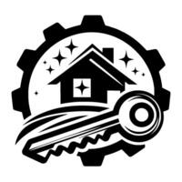 Symbolic illustration of a house inside a gear, with a key representing home services, maintenance, and solutions with a clean, geometric, and professional style. vector